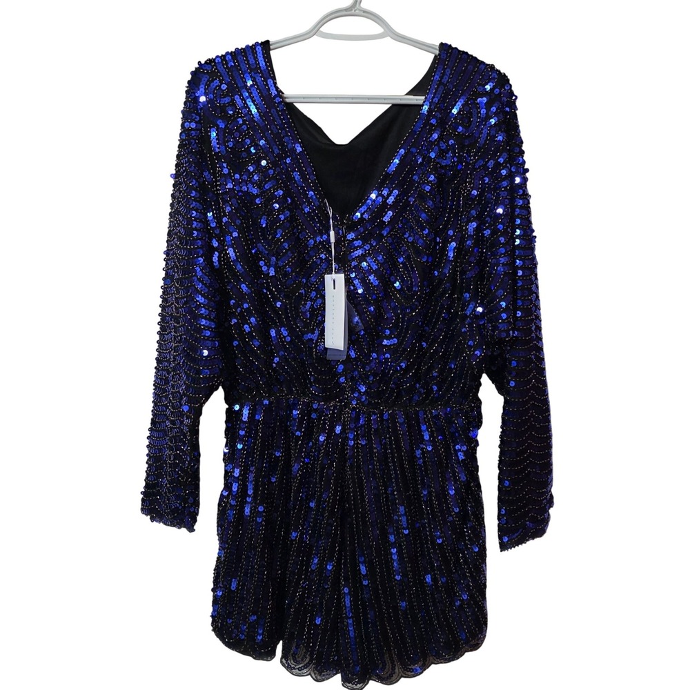 Endless Rose Women L Romper Blue Sequin Beaded Long Sleeve Party Night Out Glam - Picture 2 of 10